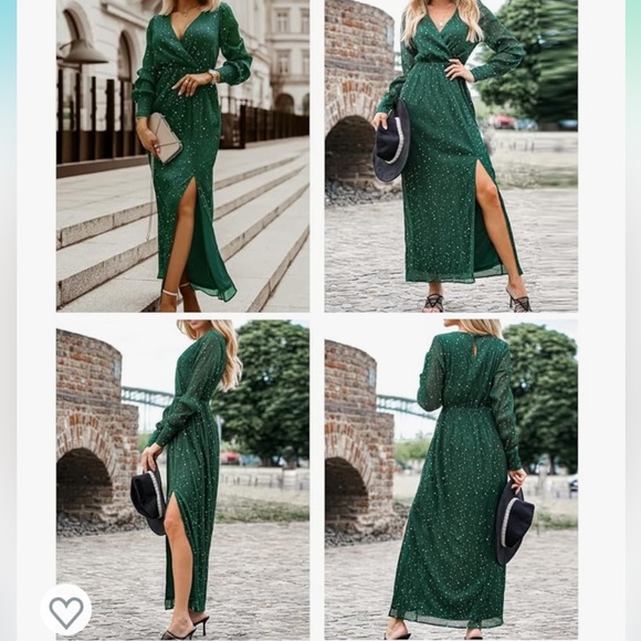 Dark Green - Large - Women's V Neck Formal Long Sleeve Maxi Dress w/Slit - Picture 10 of 10